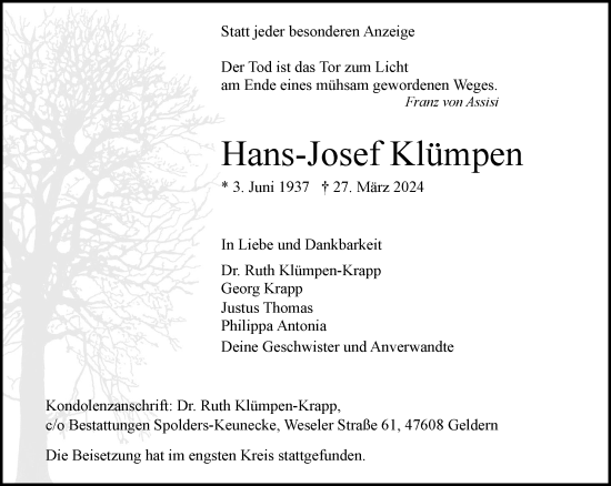 Traueranzeige von Hans-Josef Klümpen von Rheinische Post