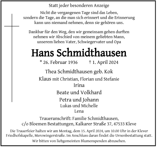 Traueranzeige von Hans Schmidthausen von Rheinische Post