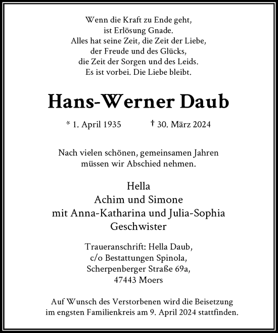 Traueranzeige von Hans-Werner Daub von Rheinische Post