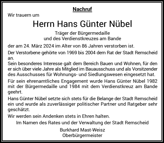 Traueranzeige von Hans Günter Nübel von Rheinische Post