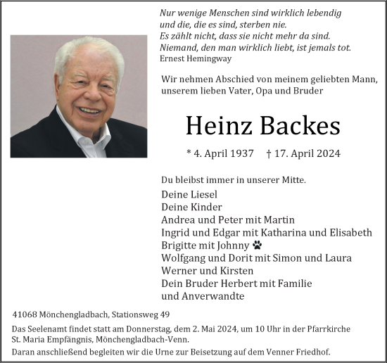 Traueranzeige von Heinz Backes von Rheinische Post