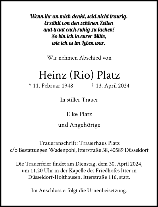 Traueranzeige von Heinz  Platz von Rheinische Post