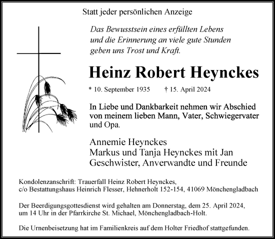 Traueranzeige von Heinz Robert Heynckes von Rheinische Post