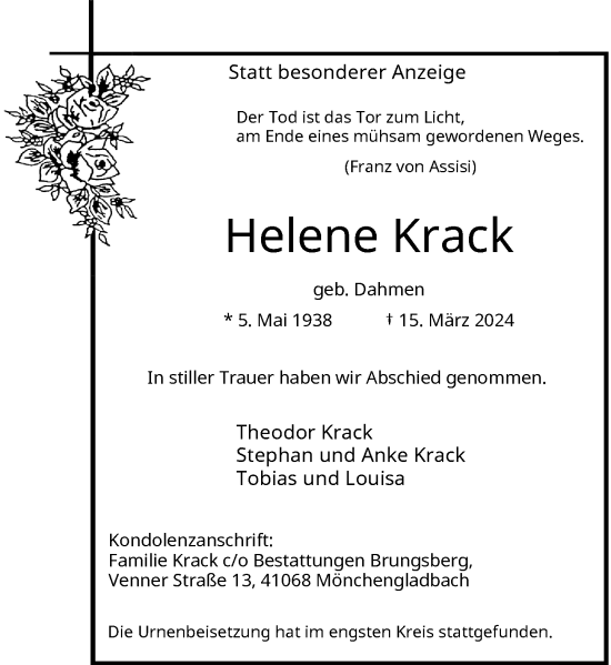 Traueranzeige von Helene Krack von Rheinische Post
