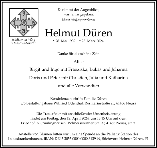 Traueranzeige von Helmut Düren von Rheinische Post