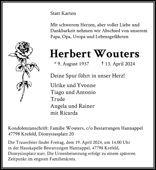 Traueranzeige von Herbert Wouters von Rheinische Post