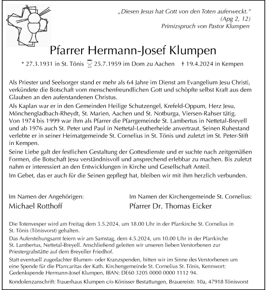 Traueranzeige von Hermann-Josef Klumpen von Rheinische Post