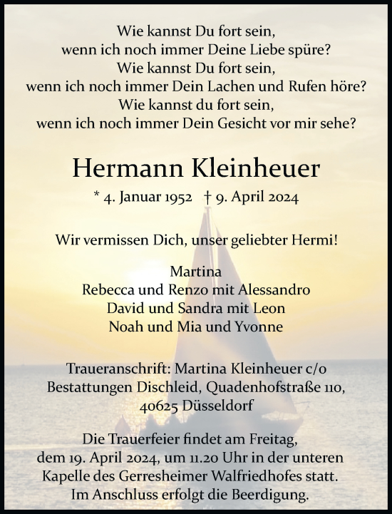 Traueranzeige von Hermann Kleinheuer von Rheinische Post