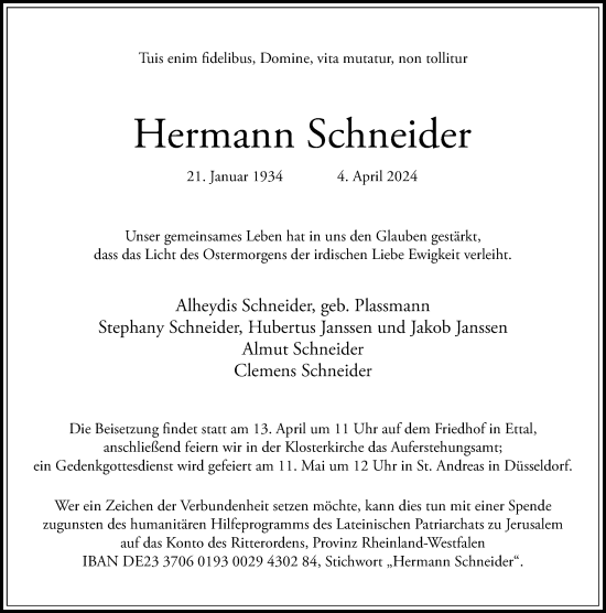 Traueranzeige von Hermann Schneider von Rheinische Post