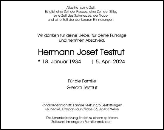 Traueranzeige von Hermann Josef Testrut von Rheinische Post