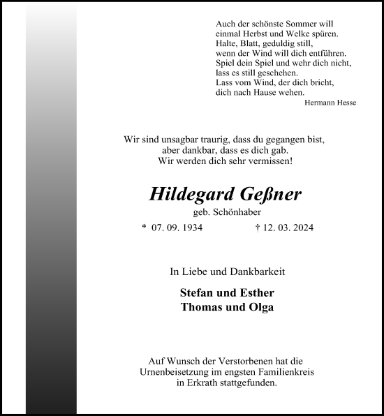 Traueranzeige von Hildegard Gegner von Rheinische Post