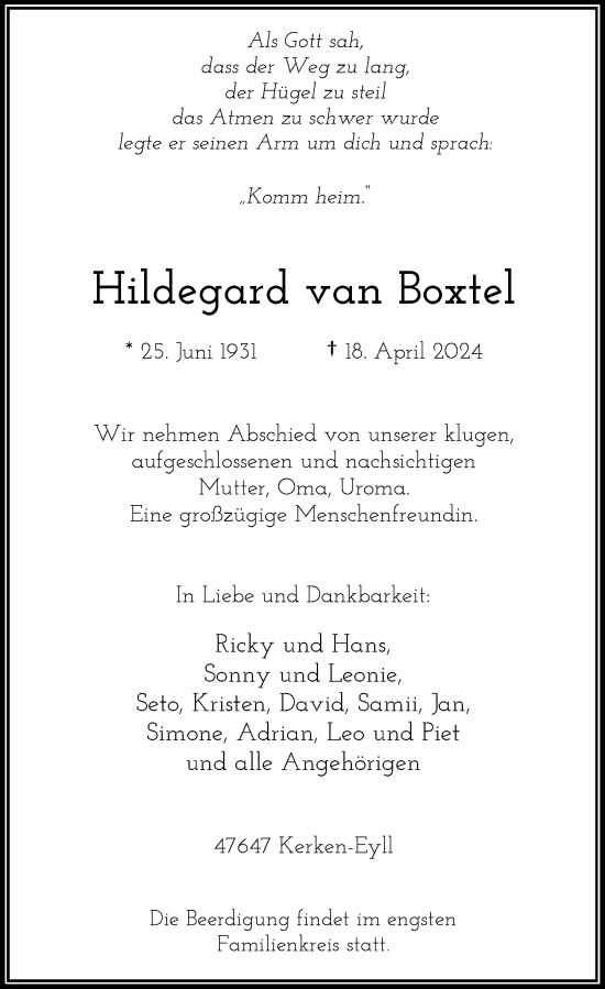 Traueranzeige von Hildegard van Boxtel von Rheinische Post