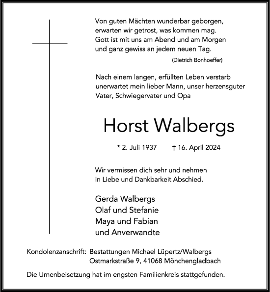 Traueranzeige von Horst Walbergs von Rheinische Post