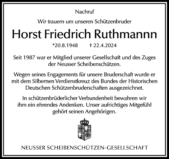 Traueranzeige von Horst Friedrich Ruthmannn von Rheinische Post