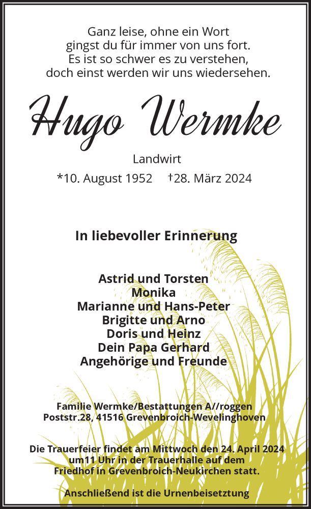  Traueranzeige für Hugo Wermke vom 20.04.2024 aus Rheinische Post