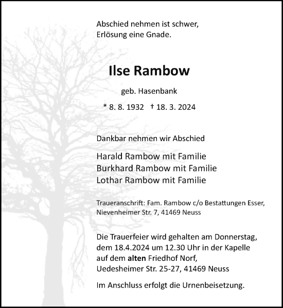 Traueranzeige von Ilse Rambow von Rheinische Post