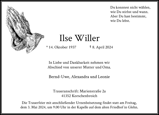 Traueranzeige von Ilse Willer von Rheinische Post