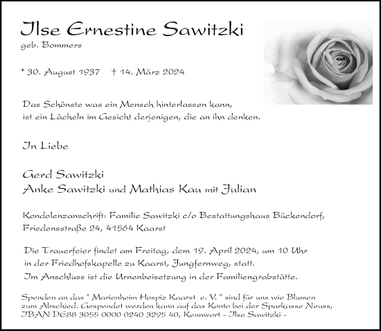 Traueranzeige von Ilse Ernestine Sawitzki von Rheinische Post