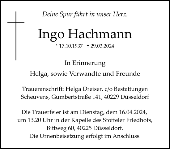 Traueranzeige von Ingo Hachmann von Rheinische Post