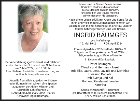 Traueranzeige von Ingrid Bäumges von Rheinische Post
