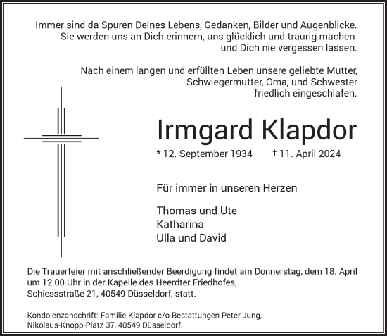 Traueranzeige von Irmgard Klapdor von Rheinische Post
