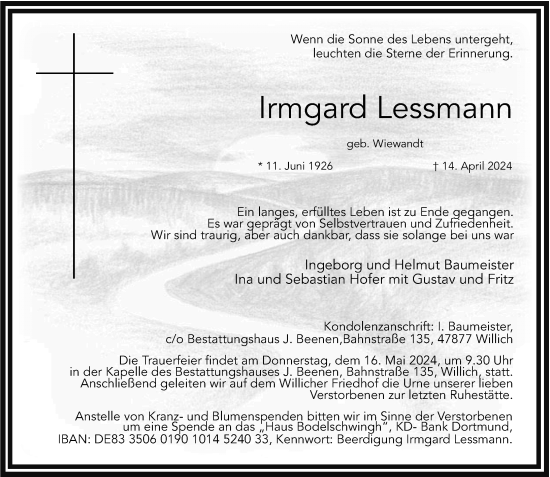 Traueranzeige von Irmgard Lessmann von Rheinische Post