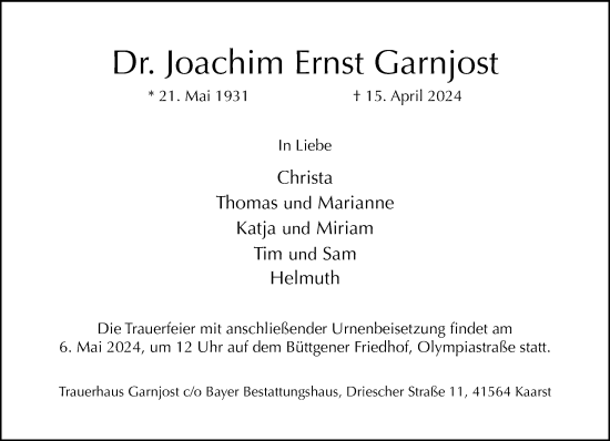 Traueranzeige von Joachim Ernst Garnjost von Rheinische Post