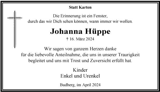 Traueranzeige von Johanna Hüppe von Rheinische Post