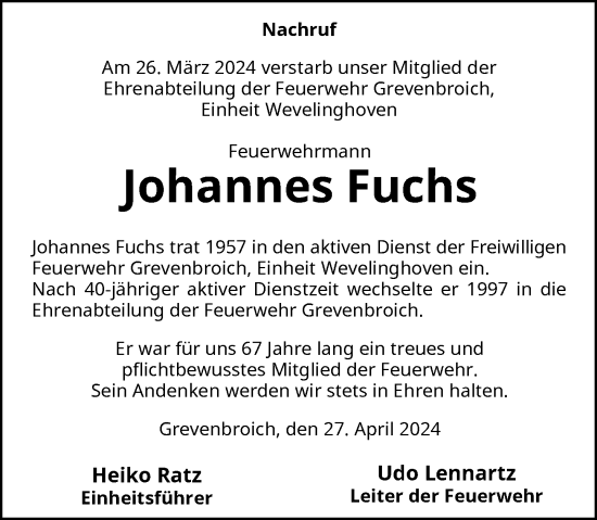Traueranzeige von Johannes Fuchs von Rheinische Post