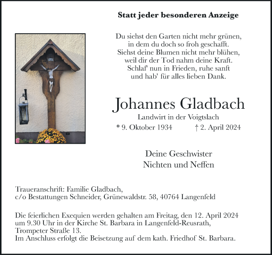 Traueranzeige von Johannes Gladbach von Rheinische Post