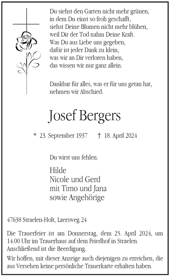 Traueranzeige von Josef Bergers von Rheinische Post