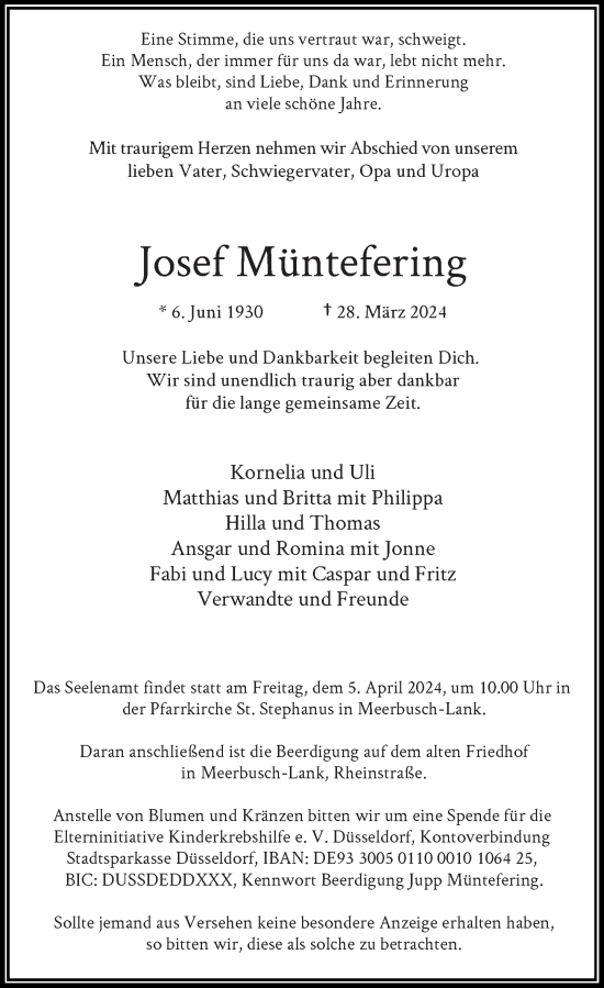 Traueranzeige von Josef Müntefering von Rheinische Post
