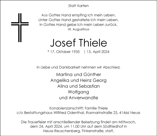 Traueranzeige von Josef Thiele von Rheinische Post