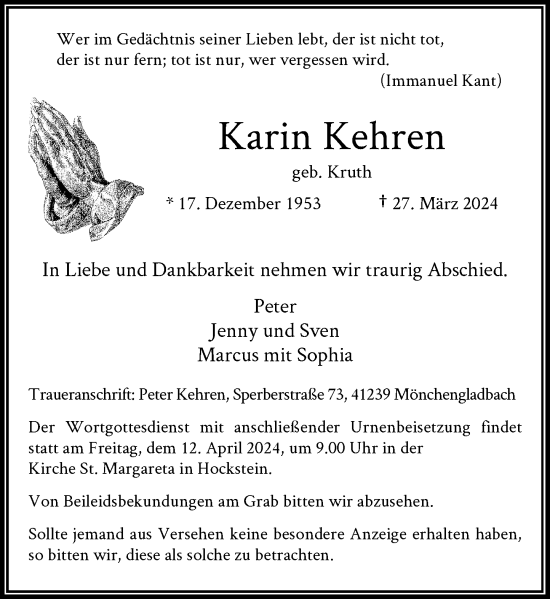 Traueranzeige von Karin Kehren von Rheinische Post