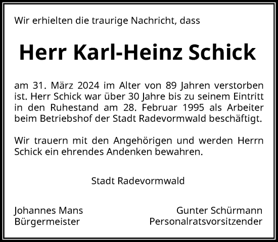 Traueranzeige von Karl-Heinz Schick von Rheinische Post