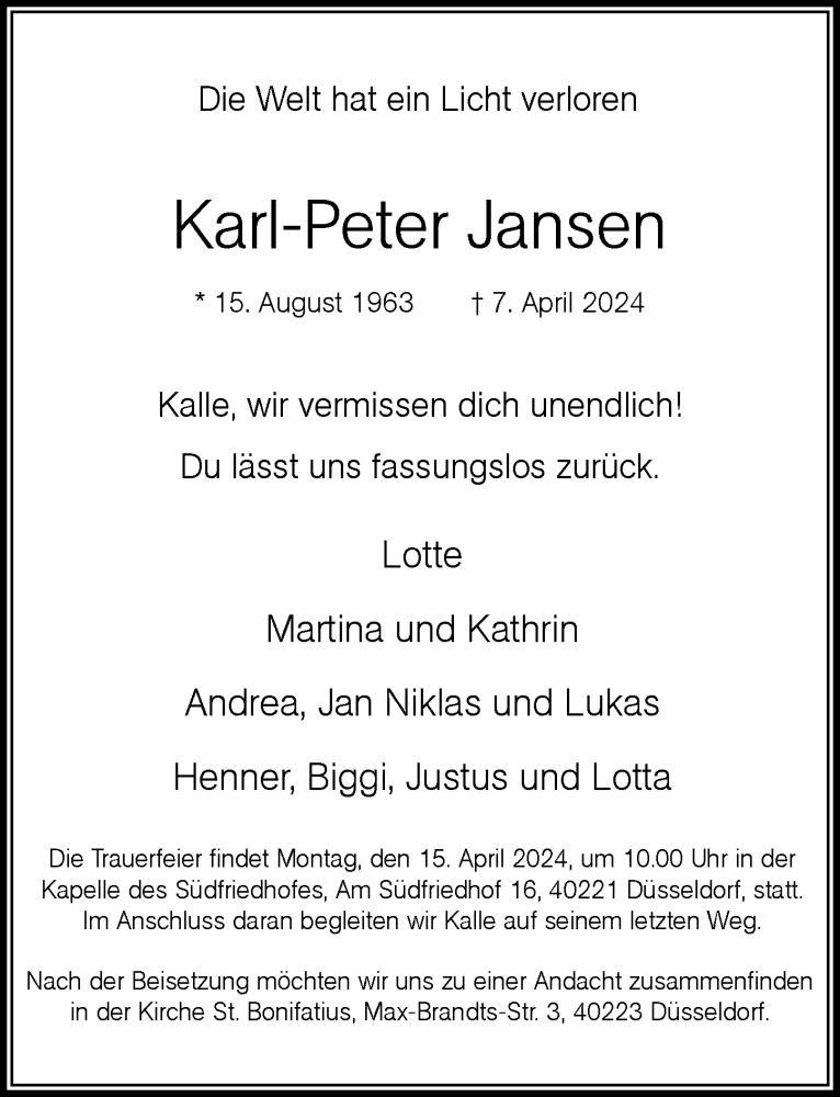 Traueranzeige für Karl-Peter Jansen vom 13.04.2024 aus Rheinische Post