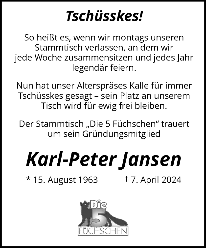  Traueranzeige für Karl-Peter Jansen vom 13.04.2024 aus Rheinische Post