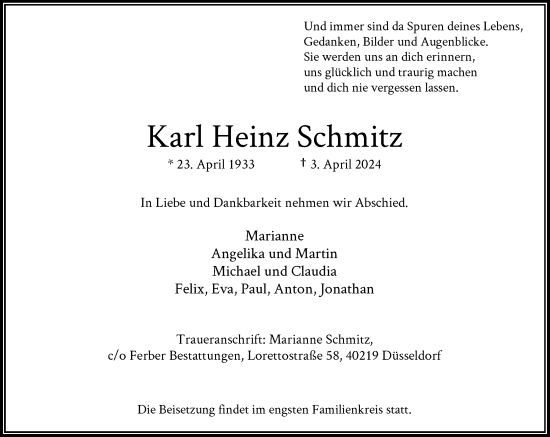 Traueranzeige von Karl Heinz Schmitz von Rheinische Post