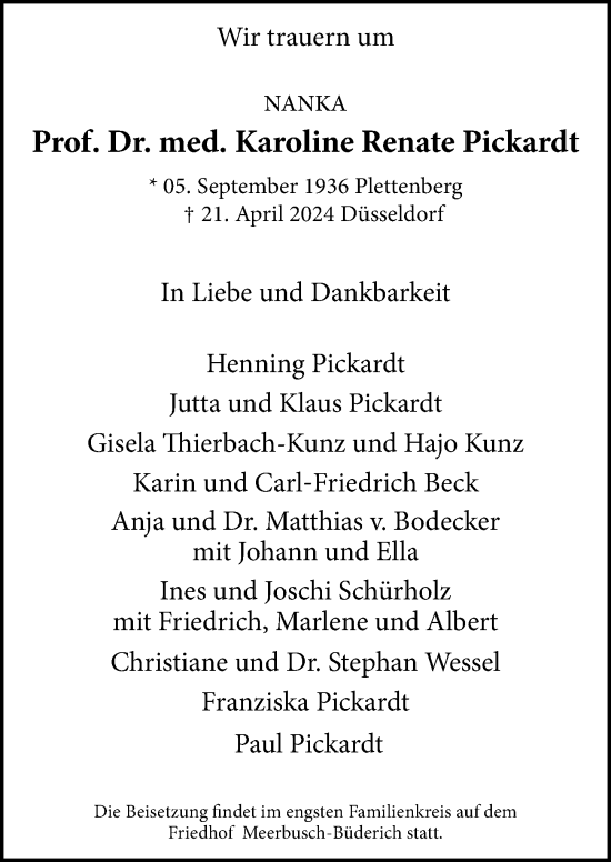Traueranzeige von Karoline Renate Pickardt von Rheinische Post