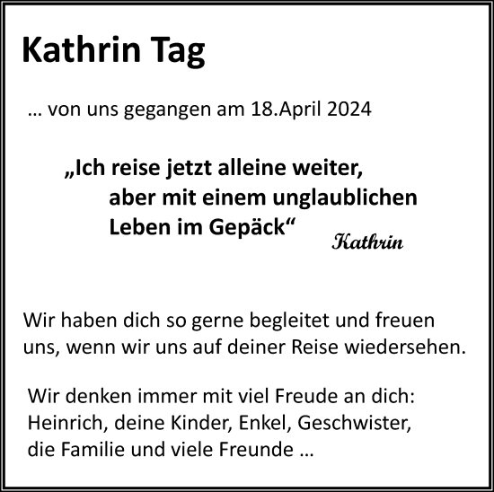 Traueranzeige von Kathrin Tag von Rheinische Post