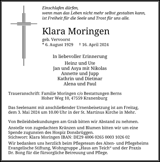 Traueranzeige von Klara Moringen von Rheinische Post