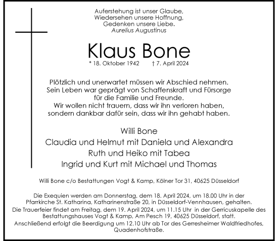 Traueranzeige von Klaus Bone von Rheinische Post