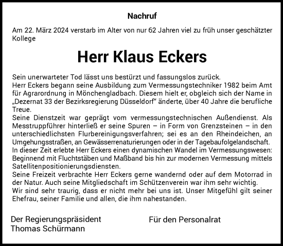 Traueranzeige von Klaus Eckers von Rheinische Post