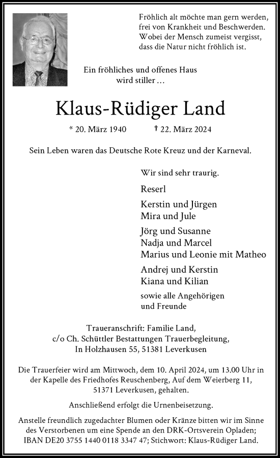 Traueranzeige von Klaus-Rüdiger Land von Rheinische Post