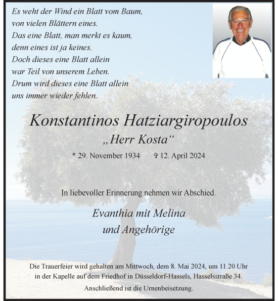 Traueranzeige von Konstantinos Hatziargiropoulos von Rheinische Post