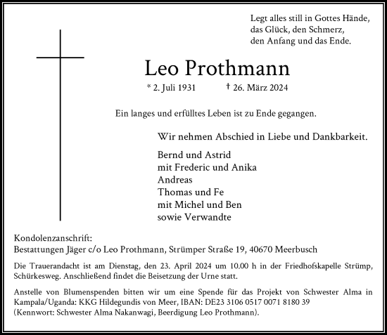 Traueranzeige von Leo Prothmann von Rheinische Post