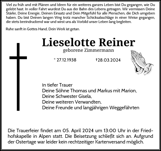 Traueranzeige von Lieselotte Reiner von Rheinische Post