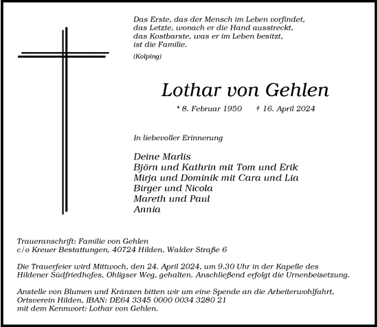 Traueranzeige von Lothar von Gehlen von Rheinische Post