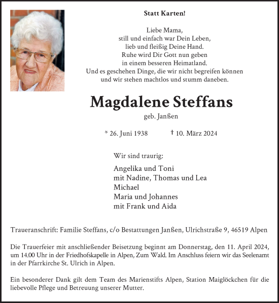 Traueranzeige von Magdalene Steffans von Rheinische Post