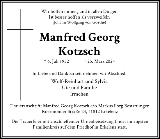 Traueranzeige von Manfred Georg Kotzsch von Rheinische Post